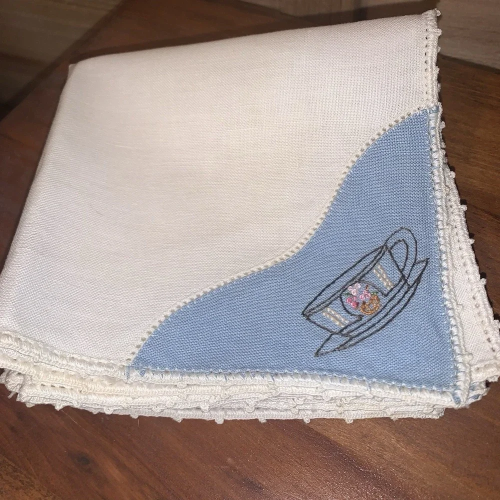 Vintage Hand Stitch Embroidered Cloth Napkins Coffee Tea Cups  11